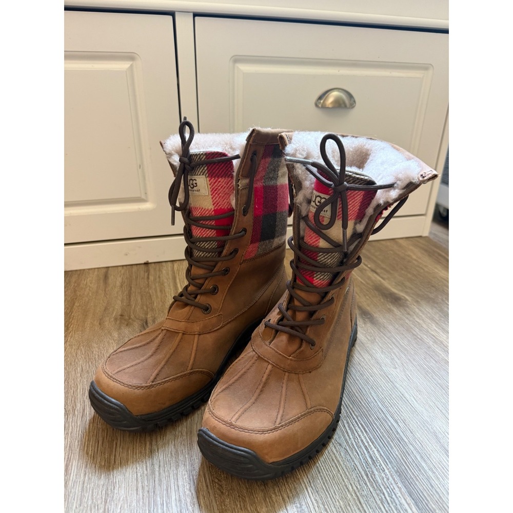Ugg Adirondack II Boots Plaid Sherpa Lined Waterproof | Brown | Womens Size 10